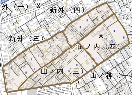 山ノ内とその周辺の地図。町の範囲を重ねている