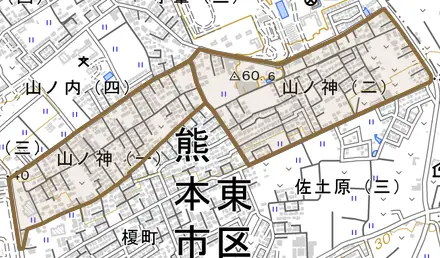 山ノ神とその周辺の地図。町の範囲を重ねている