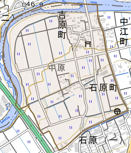 吉原町とその周辺の地図。町の範囲を重ねている