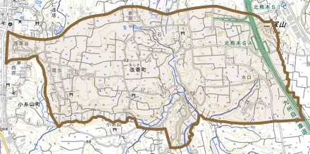 改寄町とその周辺の地図。町の範囲を重ねている