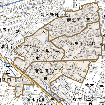 麻生田とその周辺の地図。町の範囲を重ねている