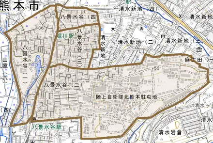 八景水谷とその周辺の地図。町の範囲を重ねている