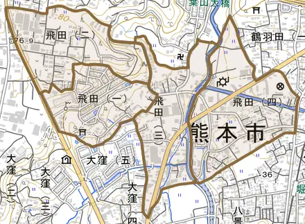 飛田とその周辺の地図。町の範囲を重ねている
