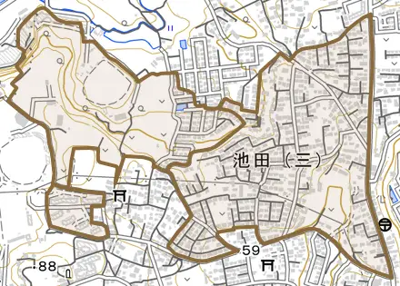 池田とその周辺の地図。町の範囲を重ねている