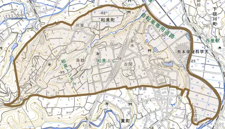和泉町とその周辺の地図。町の範囲を重ねている