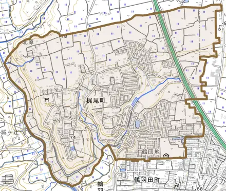 梶尾町とその周辺の地図。町の範囲を重ねている