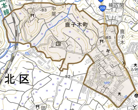 鹿子木町とその周辺の地図。町の範囲を重ねている