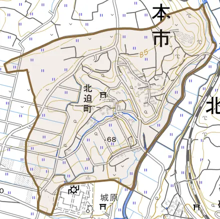 北迫町とその周辺の地図。町の範囲を重ねている
