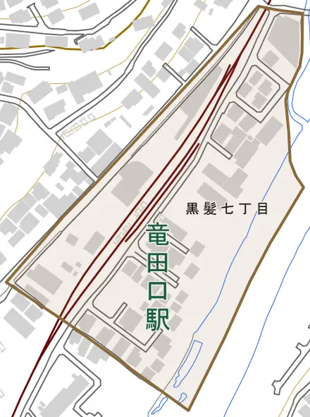 黒髪とその周辺の地図。町の範囲を重ねている