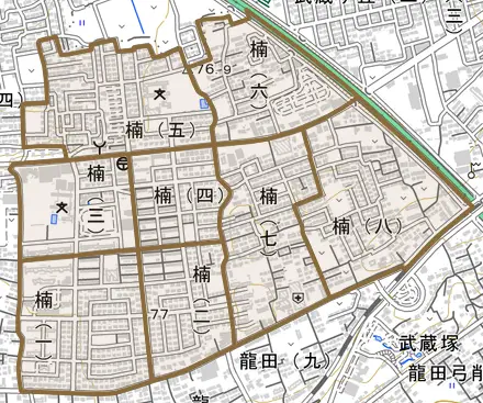 楠とその周辺の地図。町の範囲を重ねている