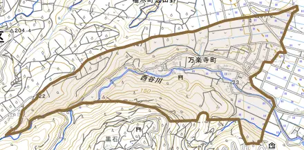 万楽寺町とその周辺の地図。町の範囲を重ねている