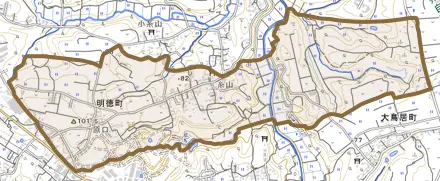 明徳町とその周辺の地図。町の範囲を重ねている