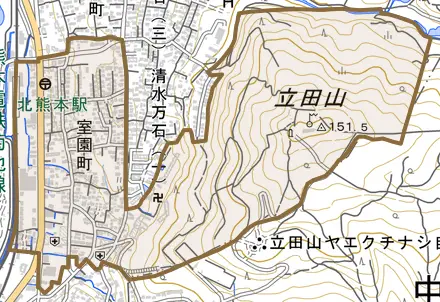 室園町とその周辺の地図。町の範囲を重ねている
