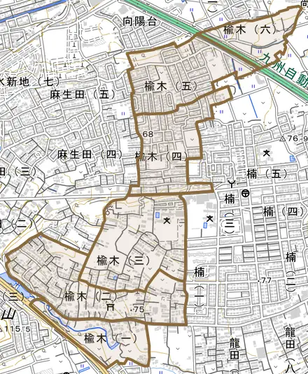 楡木とその周辺の地図。町の範囲を重ねている