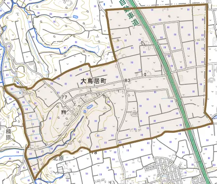 大鳥居町とその周辺の地図。町の範囲を重ねている