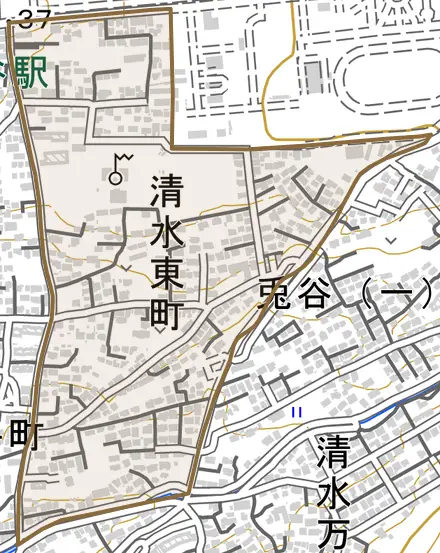 清水東町とその周辺の地図。町の範囲を重ねている