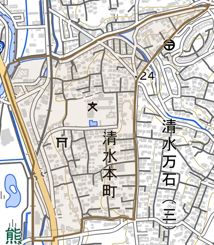 清水本町とその周辺の地図。町の範囲を重ねている
