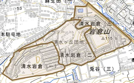 清水岩倉とその周辺の地図。町の範囲を重ねている