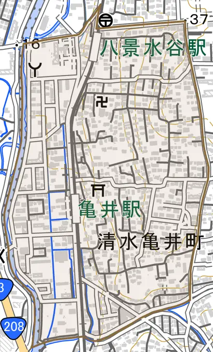 清水亀井町とその周辺の地図。町の範囲を重ねている