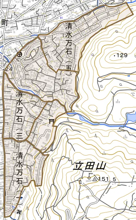 清水万石とその周辺の地図。町の範囲を重ねている