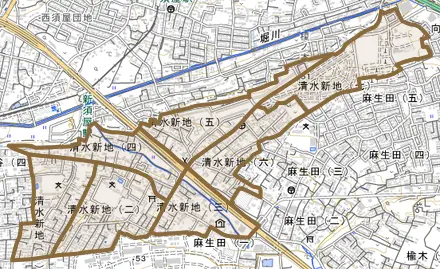 清水新地とその周辺の地図。町の範囲を重ねている