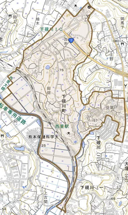 下硯川町とその周辺の地図。町の範囲を重ねている