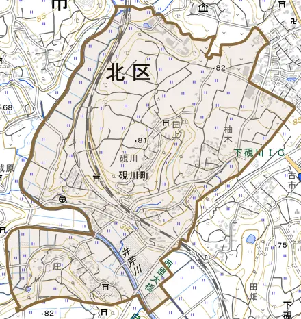 硯川町とその周辺の地図。町の範囲を重ねている