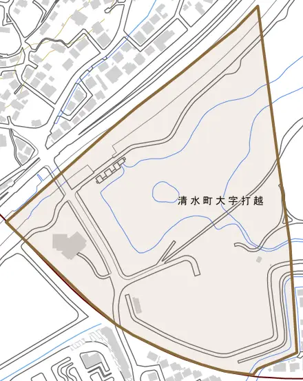 清水町大字打越とその周辺の地図。町の範囲を重ねている
