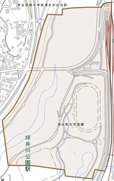 清水町大字室園とその周辺の地図。町の範囲を重ねている