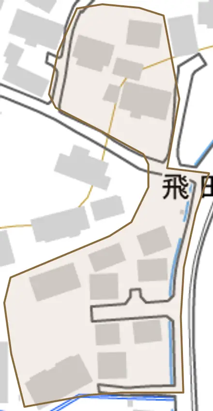 飛田町とその周辺の地図。町の範囲を重ねている