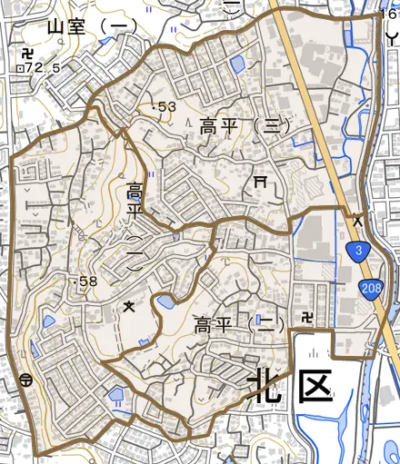 高平とその周辺の地図。町の範囲を重ねている