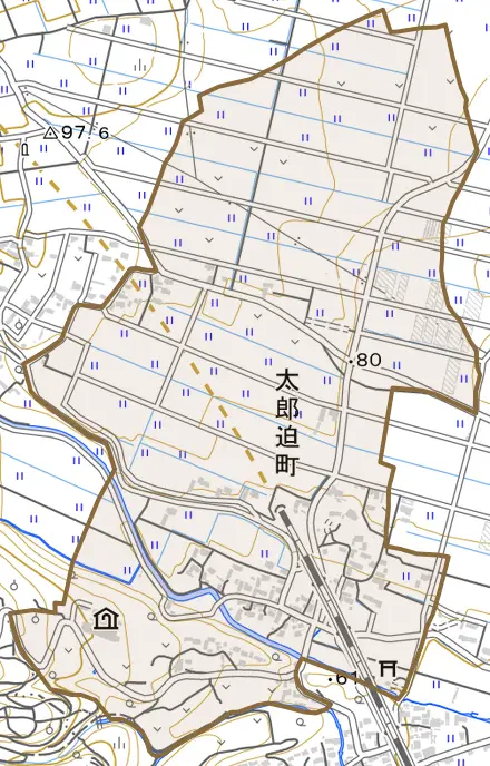 太郎迫町とその周辺の地図。町の範囲を重ねている