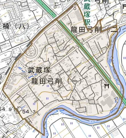 龍田弓削とその周辺の地図。町の範囲を重ねている