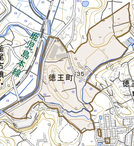 徳王町とその周辺の地図。町の範囲を重ねている