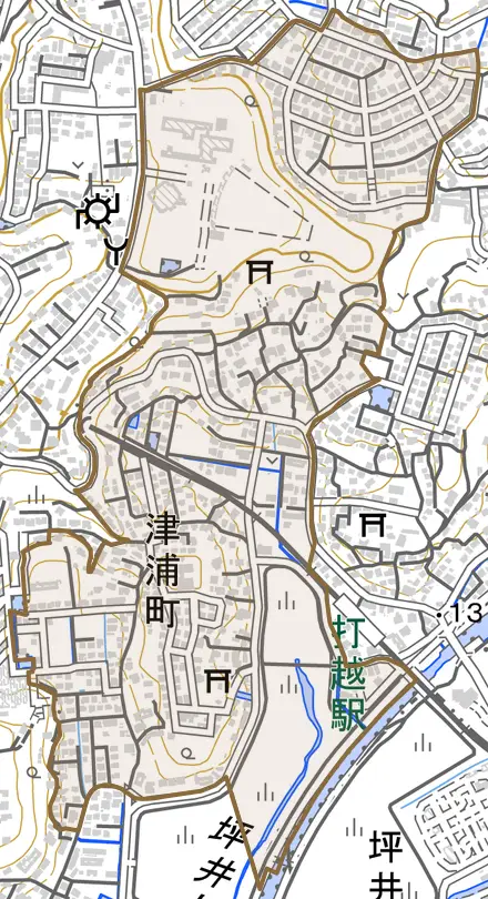 津浦町とその周辺の地図。町の範囲を重ねている