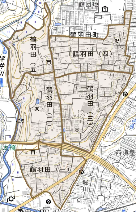 鶴羽田とその周辺の地図。町の範囲を重ねている