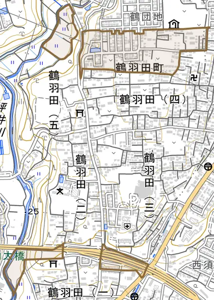鶴羽田町とその周辺の地図。町の範囲を重ねている