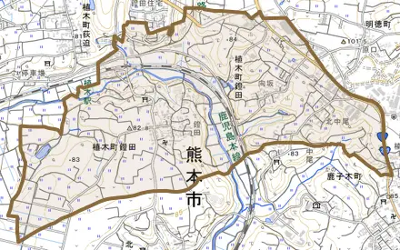 植木町鐙田とその周辺の地図。町の範囲を重ねている