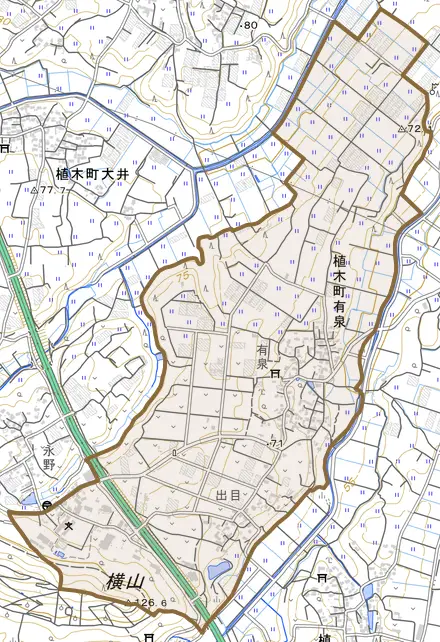 植木町有泉とその周辺の地図。町の範囲を重ねている