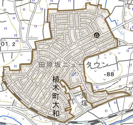 植木町大和とその周辺の地図。町の範囲を重ねている