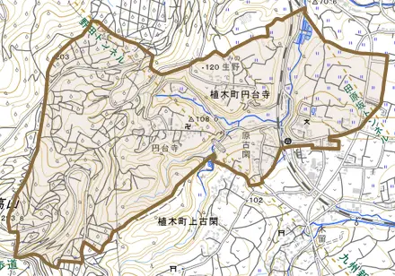 植木町円台寺とその周辺の地図。町の範囲を重ねている