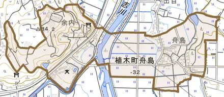 植木町舟島とその周辺の地図。町の範囲を重ねている