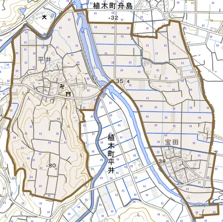 植木町平井とその周辺の地図。町の範囲を重ねている