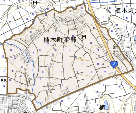 植木町平野とその周辺の地図。町の範囲を重ねている