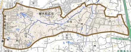 植木町広住とその周辺の地図。町の範囲を重ねている