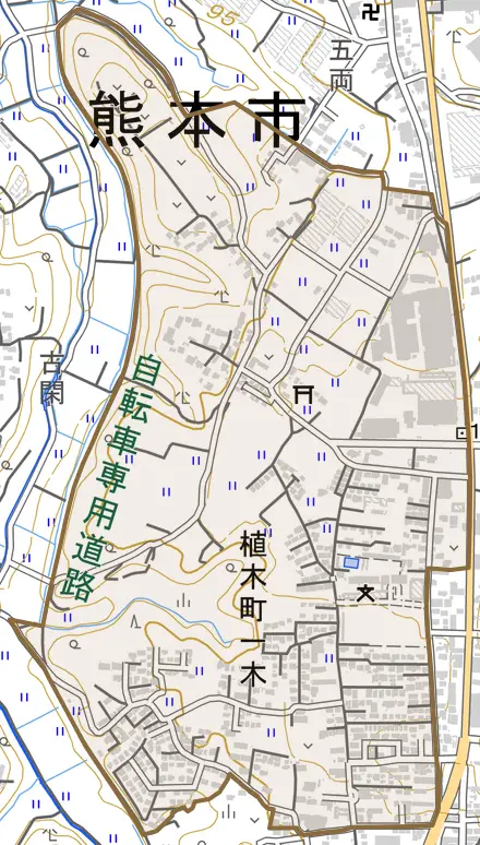 植木町一木とその周辺の地図。町の範囲を重ねている