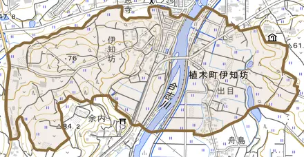植木町伊知坊とその周辺の地図。町の範囲を重ねている