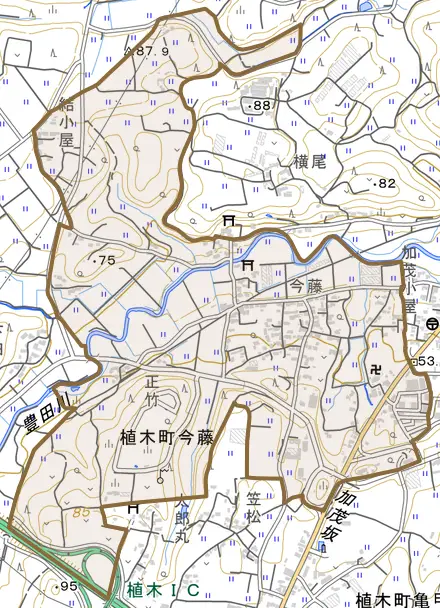 植木町今藤とその周辺の地図。町の範囲を重ねている