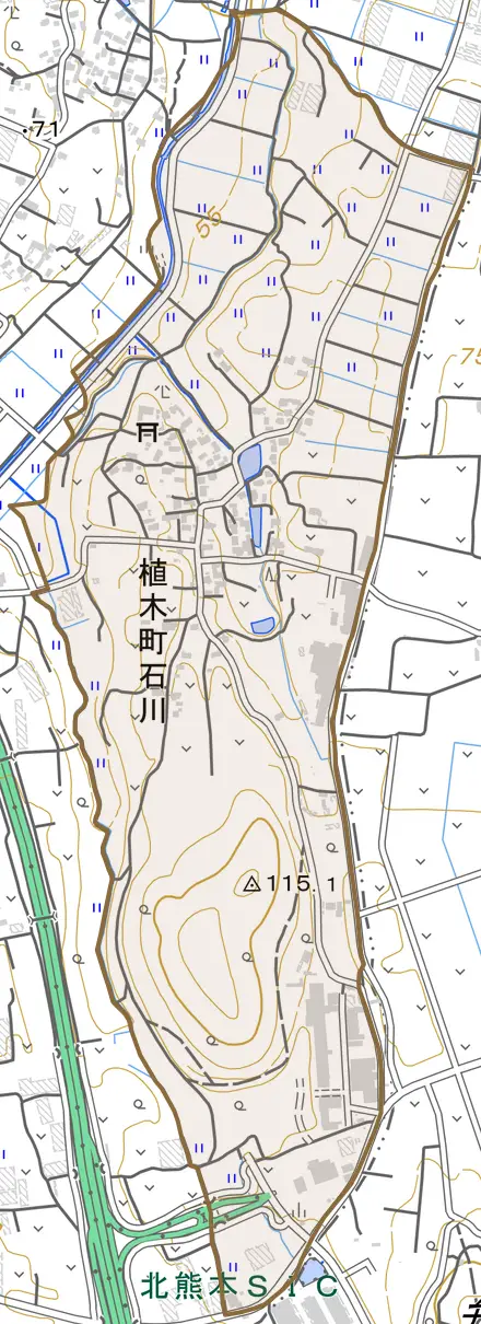植木町石川とその周辺の地図。町の範囲を重ねている
