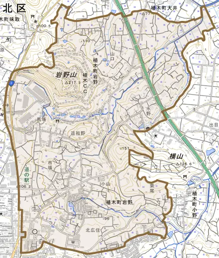 植木町岩野とその周辺の地図。町の範囲を重ねている